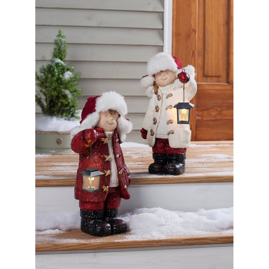 Holiday Boy and Girl Solar Lanterns Statuary Set